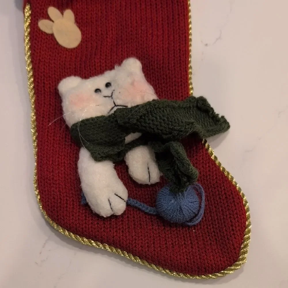Chunky Knit Embroidered I Love My Cat Red And Green Christmas Stocking